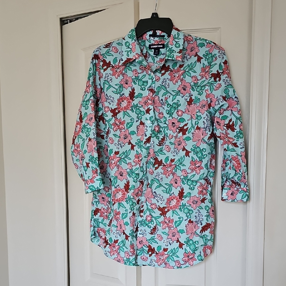 Lands' End Floral Print Shirt in Pink and Green
